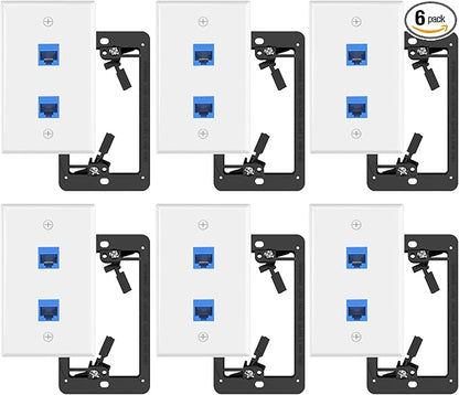 VCE 2-Port Ethernet Wall Plate (UL-Listed), CAT6 Wall Plate and Jack, RJ45 Keystone Wall Outlet with Single Gang Low Voltage Mounting Bracket, Blue 6-Pack