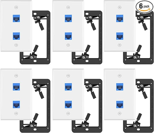 VCE 2-Port Ethernet Wall Plate (UL-Listed), CAT6 Wall Plate and Jack, RJ45 Keystone Wall Outlet with Single Gang Low Voltage Mounting Bracket, Blue 6-Pack