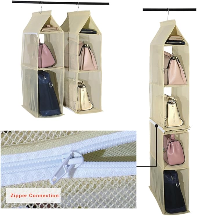 Detachable 4 Compartment Pouch Hanging Handbag Organizer Clear Purse Bag Storage Holder Wardrobe Closet Space Saving Organizers System for Living Room Bedroom(Pack of 2 Beige)