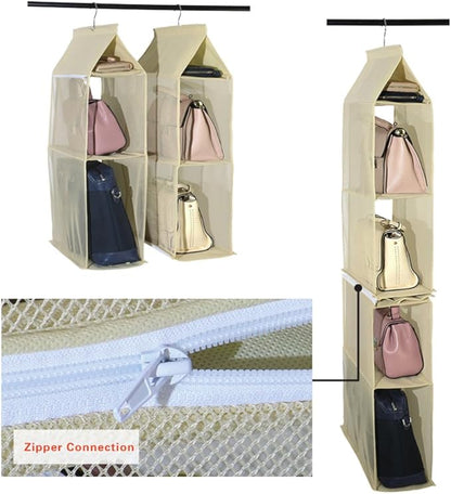 Detachable 4 Compartment Pouch Hanging Handbag Organizer Clear Purse Bag Storage Holder Wardrobe Closet Space Saving Organizers System for Living Room Bedroom(Pack of 2 Beige)