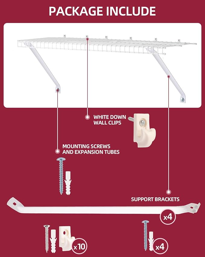 Heavy Duty Shelf Brackets for 12" Closet Maid - 25kg Max Load Rust-Proof Metal Kit w/4 Rack Support Brackets & 10 Clips, Easy Install Wire Shelving in Laundry, Closet, Garage, Kitchen, RV