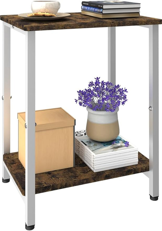 2 Tier Side Table, Heavy Duty End Table with Shelves, Narrow Nightstand Table for Small Spaces, Record Player Table for Bedroom, Living Room, Sofa Couch - Rustic Brown & White