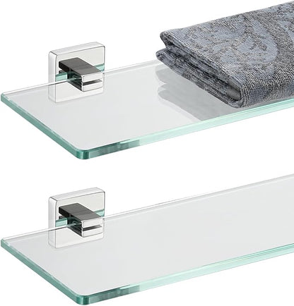 JQK Bathroom Glass Shelf, Floating Tempered Glass Shower Storage 20 by 5 inches, 304 Stainless Steel Polished Chrome Wall Mount 2 Pack 2 Pack, TGS201L20-CH-P2