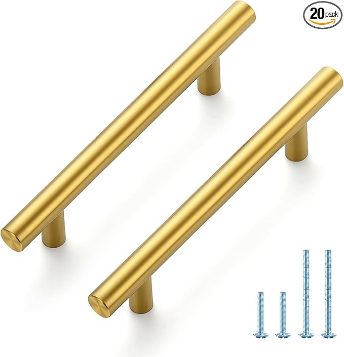 JOY DECOR 20 Pack 6-3/8 Inch Cabinet Pulls Kitchen Cabinet Handles with 4 Inch Hole Center Brushed Brass Cabinet Hardware Stainless Steel Kitchen Drawer Pulls for Cabinets Cupboard, 102mm Hole Centers