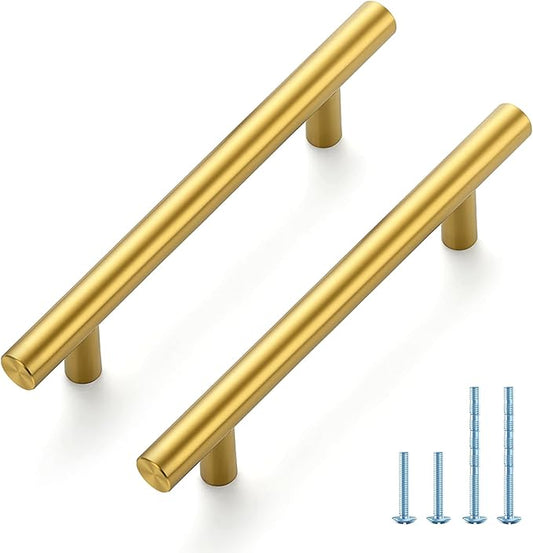 JOY DECOR 45 Pack 6-3/8 Inch Cabinet Pulls Kitchen Cabinet Handles with 4 Inch Hole Center Brushed Brass Cabinet Hardware Stainless Steel Kitchen Drawer Pulls for Cabinets Cupboard, 102mm Hole Centers