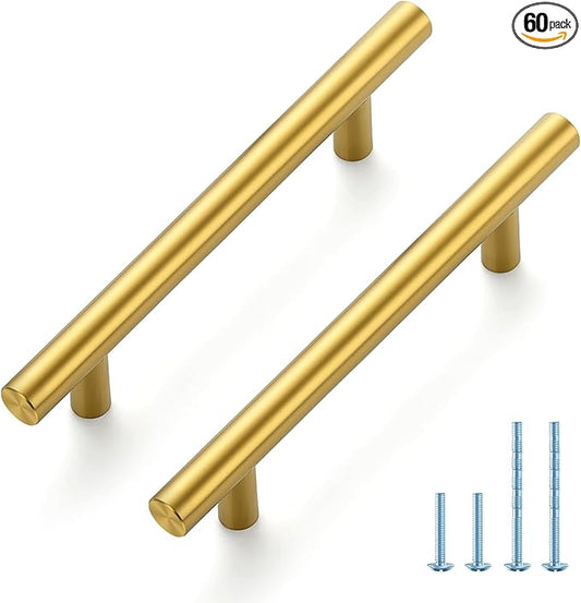 JOY DECOR 60 Pack 6-3/8 Inch Cabinet Pulls Kitchen Cabinet Handles with 4 Inch Hole Center Brushed Brass Cabinet Hardware Stainless Steel Kitchen Drawer Pulls for Cabinets Cupboard, 102mm Hole Centers