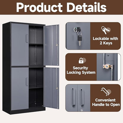 Metal Cabinet, 71' Tall, 4-Door, Locking, Adjustable Shelves, Heavy Duty, Black & Grey, Home Office, Garage Storage Cabinet