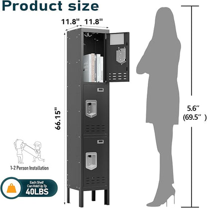 Metal Storage Locker with Lock & Card Slot Locker - Secure Lockable Door - Steel Locker for School, Office, Gym, Home - 66.15" H x 11.8" W x 11.8" D（3 Door, Black）