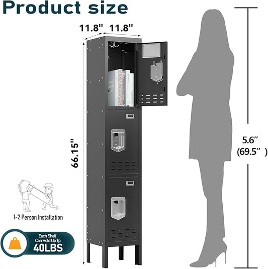 Metal Storage Locker with Lock & Card Slot Locker - Secure Lockable Door - Steel Locker for School, Office, Gym, Home - 66.15" H x 11.8" W x 11.8" D（3 Door, Black）