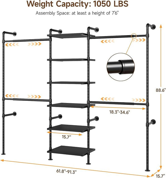 T1 Wall Mounted Closet System, Industrial Pipe Clothing Rack with 6 Wooden Shelves & 4 Telescopic Rods, Heavy Duty Closet Organizers and Storage in Wardrobe Closet (Black)