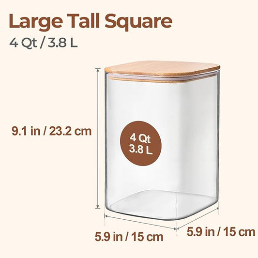 ComSaf 2Pcs Large Glass Storage Containers with Lids 4Qt, 1 Gallon Wide Mouth Flour Sugar Storage Containers, Large Capacity and Sealed for Rice, Cereal, Oat, Easy Clean and Scoop, Pantry Organization