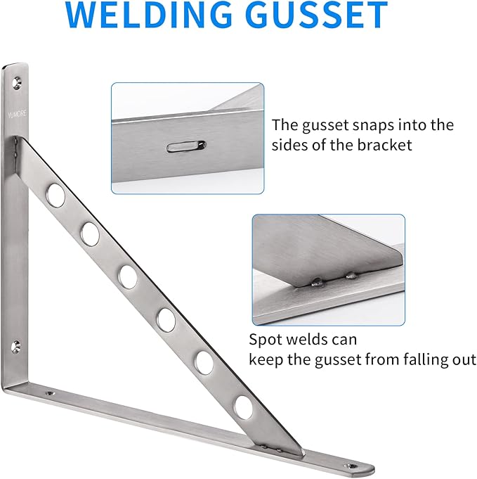 YUMORE 16 inch Stainless Steel Shelf Brackets, Heavy Duty Solid Shelf Support, Max Load: 550lb Corner Brace Joint Right Angle Bracket, Pack of 2
