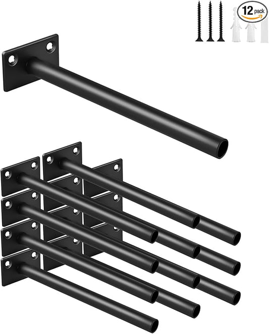 12 Pcs 6" Black Steel Floating Shelf Bracket Blind Shelf Supports - Hidden Brackets for Floating Wood Shelves - Concealed Blind Shelf Support – Screws and Wall Plugs Included