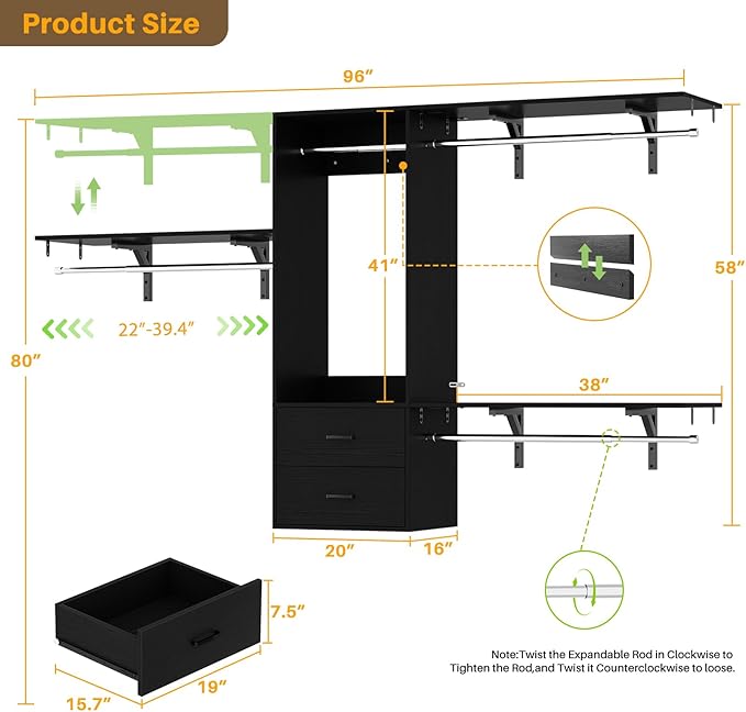 Cyclysio 8 FT Hanging Closet Organizer System, 96 Inch Closet System with Drawers, Walk in Closet System with 4 Adjustable Rods and 3 Shelving Towers for 4-8FT Spaces(Cut-to-Fit), Black