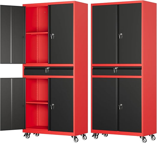 73" Metal Garage Storage Cabinet with Wheels， Rolling Tool Storage with Locking Doors， Adjustable Shelves and Drawer, Heavy Duty Steel Tool Cabinet for Garage, Warehouse, School(Red Black)