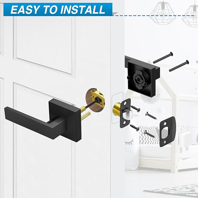 4 Pack Black Door Handles Interior, Passage Door Levers for Hallway&Closet, Interior Closet Door Knobs Heavy Duty Square Non-Locking Handlesets(2.0lb), Reversible for Left&Right Sided Doors