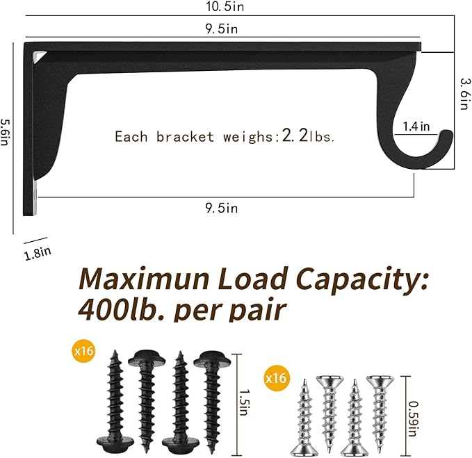 Closet Rod Brackets Heavy Duty Support 400 lbs WYGWP 10 inch Wall Mounted Closet Shelf Brackets with Rod Holder for Home and Closet Decor (4pack Black)