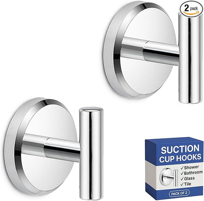 HOME SO Suction Cup Hooks for Shower & Bathroom Towel Holder 2-Pack – Suction Cups Hooks for Hanging Towels, Robes, & Coats - Tiles, Glass Door or Mirror – Shower Hooks & Towel Hooks - Chrome T-Shape