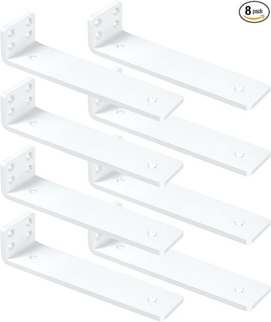 White Floating Shelf Brackets 8 inch, Heavy Duty Wall Shelf Bracket 8 Pack for Shelves Support, Hidden Metal L Brackets with Mounting Hardware (1/5'' Thick)