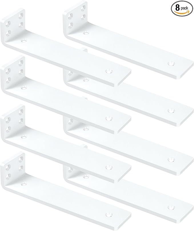 White Floating Shelf Brackets 10 inch, Heavy Duty Wall Shelf Bracket 8 Pack for Shelves Support, Hidden Metal L Brackets with Mounting Hardware (1/5'' Thick)