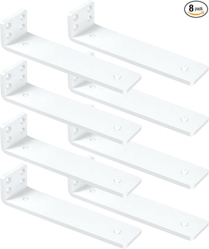 White Floating Shelf Brackets 10 inch, Heavy Duty Wall Shelf Bracket 8 Pack for Shelves Support, Hidden Metal L Brackets with Mounting Hardware (1/5'' Thick)
