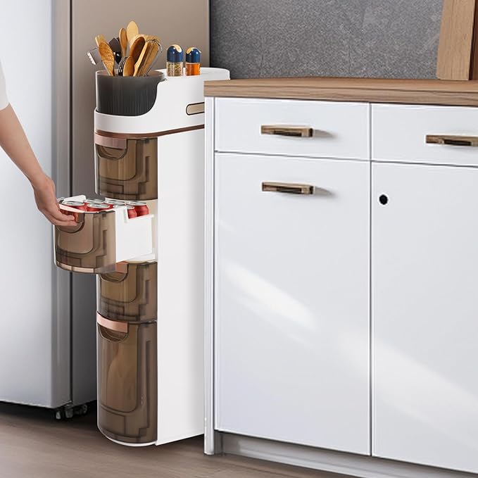 4 Tiers Slim Bathroom Storage Cabinet, 4 Drawer Narrow Slim Storage Cart, Mobile Storage Organizer with Tissue Box and Removable Dividers for Bathroom, Bedroom, Kitchen (White+Tawny)