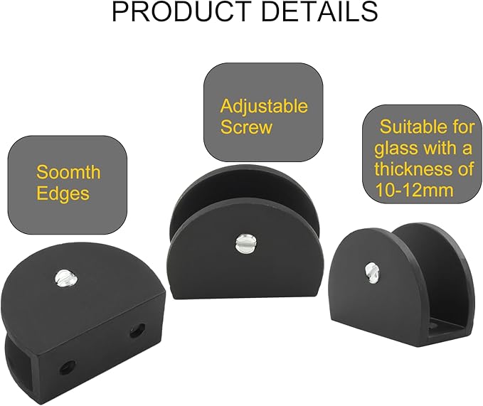 Litoexpe 8pcs Adjustable Frameless Shelf Bracket, Aluminum Alloy Shower Clamp Clip for 10-12mm Wood/Glass, Wall Mount Support Holder with Mounting Screws, Matte Black