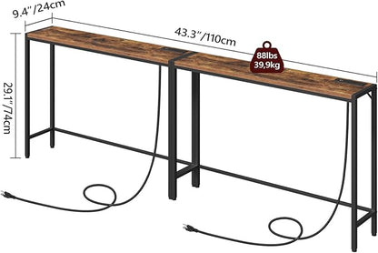 Console Table, 2 Pack Narrow Sofa Table, 43.3” Entrance Table with Power Station, Behind Couch Table, for Living Room, Hallway, Entryway, Foyer, Rustic Brown and Black CTHR112E01S2
