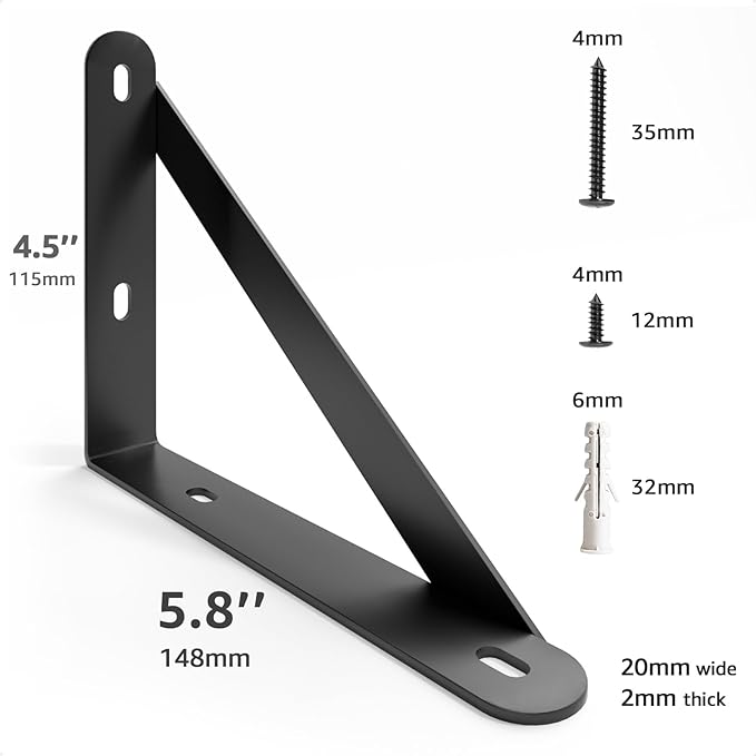 6x4.5 Shelf Brackets 6-Pack, Shelf Support Shelf Holder Steel Wall Mount Heavy Duty Small L Shape Triangle 90 Degree Metal Black with Screws Anchors Soporte de Estante