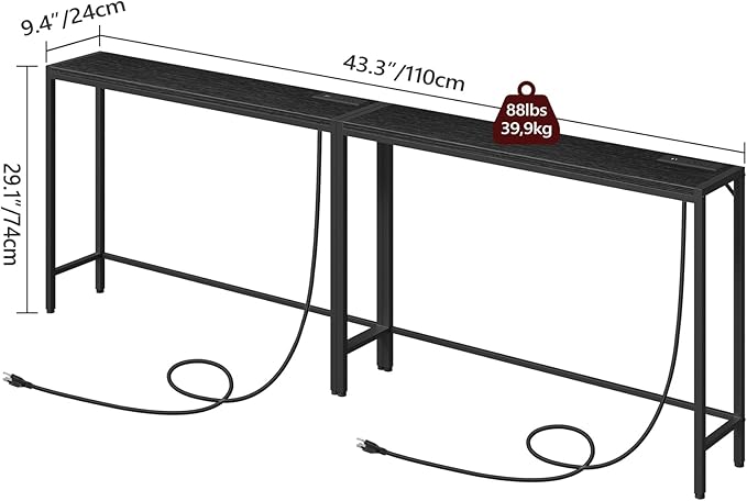 Console Table, 2 Pack Narrow Sofa Table, 43.3” Entrance Table with Power Station, Behind Couch Table, for Living Room, Hallway, Entryway, Foyer, Black CTBK112E01S2