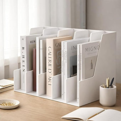 Vertical Magazine File Holder, Desk Organizer and Storage for Magazines, Binders, Notebooks, Envelopes, Multi-Purpose Desktop File Organizer for Home, Office & Classroom, 4 Pack, White