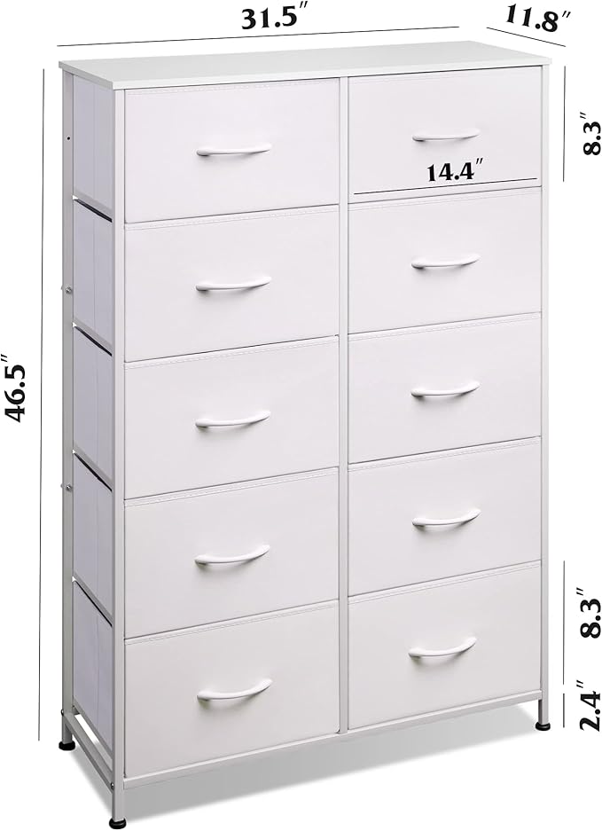 WLIVE Fabric Dresser for Bedroom with 10 Drawers, Tall Chest of Drawers, White Dressers Bedroom Furniture, Dresser for Closet, Hallway, Living Room, Entryway