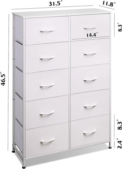 WLIVE Fabric Dresser for Bedroom with 10 Drawers, Tall Chest of Drawers, White Dressers Bedroom Furniture, Dresser for Closet, Hallway, Living Room, Entryway