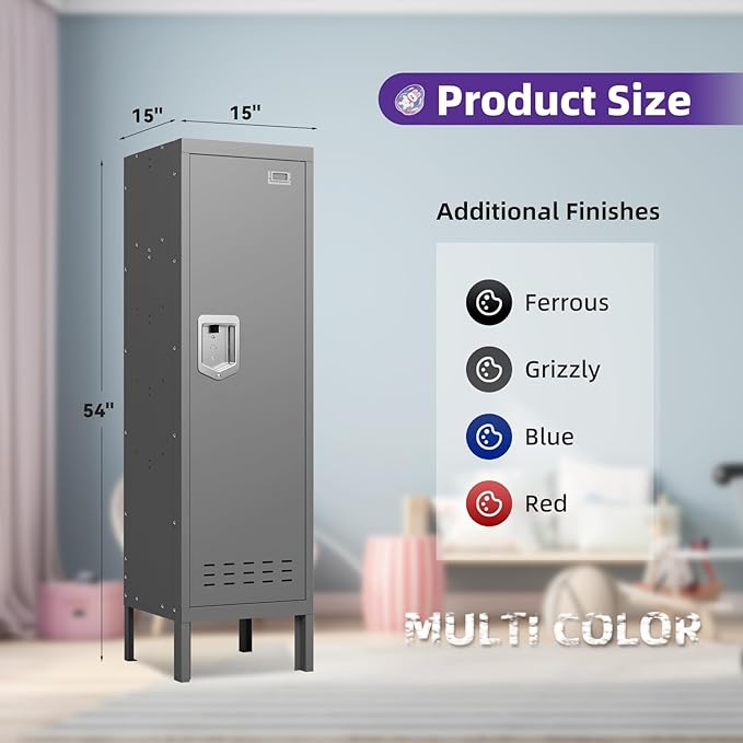 Metal Storage Locker with Lock & Card Slot Locker - Secure Lockable Door - Steel Locker for School, Office, Gym, Home - 54" H x 15" W x 15" D（1 Door, Grey）