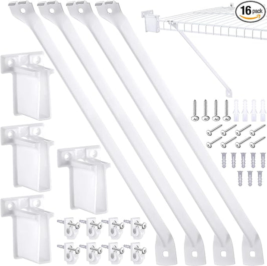 Hicarer 16 Pcs Wire Shelf Support Brackets Kit for 16 Inch, Include 4 Mental Closet Support Brace 8 White Down Wall Clips and 4 Wire Shelf End Brackets with Screws for Wardrobe