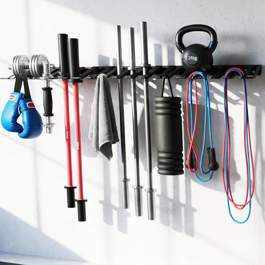 25" Wall Mount Barbell Holder & Tool Organizer, 7L7S Slots Heavy Duty Storage Rack, 300LBS Load 4MM Steel 5MM EVA for Garage Home Gym.