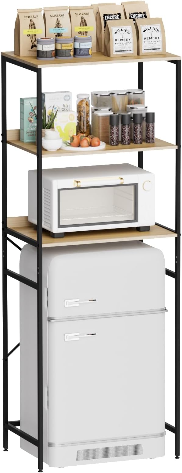 Mini Fridge Shelf Mini Fridge and Microwave Stand Over Mini Fridge Storage Rack 3 Tier Microwave and Fridge Stand Suitable for Dorm, Kitchens, Offices, Natural
