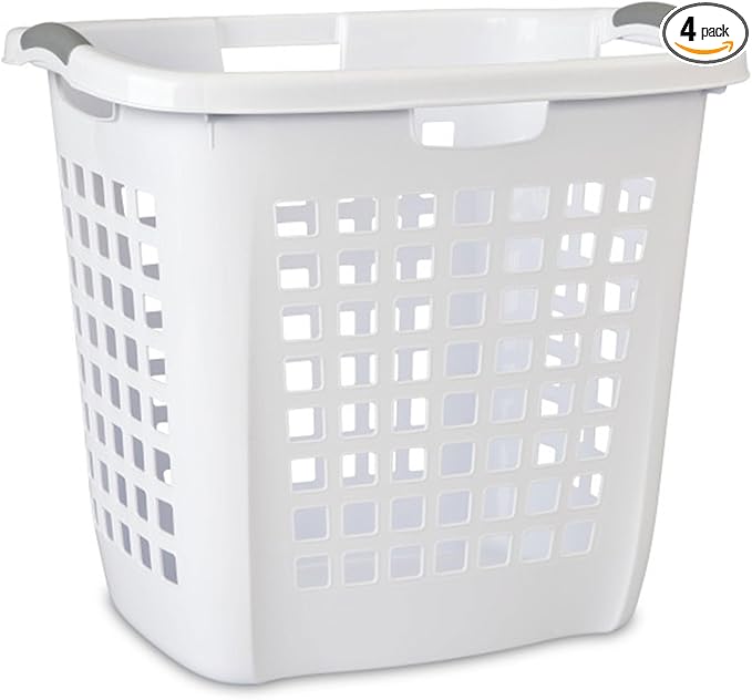 Sterilite Ultra Easy Carry Laundry Hamper, Comfort Handles to Easily Carry Clothes Between the Bedroom and Laundry Room, Plastic, White, 4-Pack
