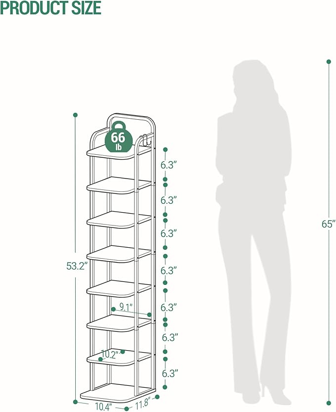 8 Tiers Vertical Shoe Rack, Narrow Shoe Tower, Tall Shoes Shelf with 2 Hooks, Adjustable Shelves, Corner Shoes Shelves for Small Spaces, Entryway, Living Room, Black SR04304B