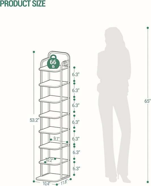 8 Tiers Vertical Shoe Rack, Narrow Shoe Tower, Tall Shoes Shelf with 2 Hooks, Adjustable Shelves, Corner Shoes Shelves for Small Spaces, Entryway, Living Room, Black SR04304B