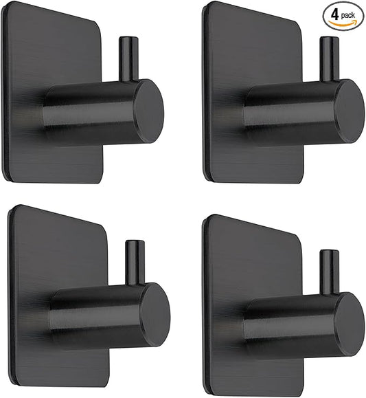 Black Adhesive Towel Hooks Heavy Duty Stick on Wall Hooks Shower Hooks for Bathroom Kitchen Door-4 Packs