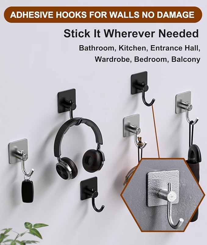 Self Adhesive Towel Hooks, Waterproof Rustproof Stainless Steel Sticky Wall Hooks, No Damage for Bathroom Kitchen Shower Robe Coat Hanging, Silver