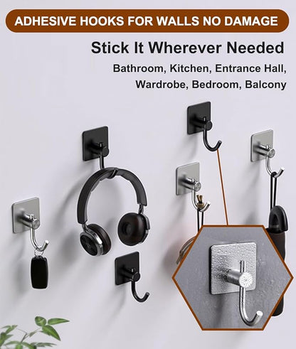Self Adhesive Towel Hooks, Waterproof Rustproof Stainless Steel Sticky Wall Hooks, No Damage for Bathroom Kitchen Shower Robe Coat Hanging, Silver