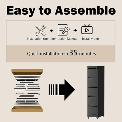 5 Drawers Filing Cabient with Wheel, File Cabinet with Lock, Steel Vertical Filing Storage Cabinet for Office, Heavy-Duty File Cabinets for Letters/Legal/A4 (Require Assembly, Black)