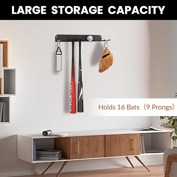 Wall Mount Baseball Bat Rack, Hold 16 Bats, Home Gym Sports Equipment Organizer Hanger, Olympic Barbells Holder, Heavy Duty Hooks for Hangs Bats,Gloves,Hats,Bags,Balls,Row Handles or Tools, 2 Pack