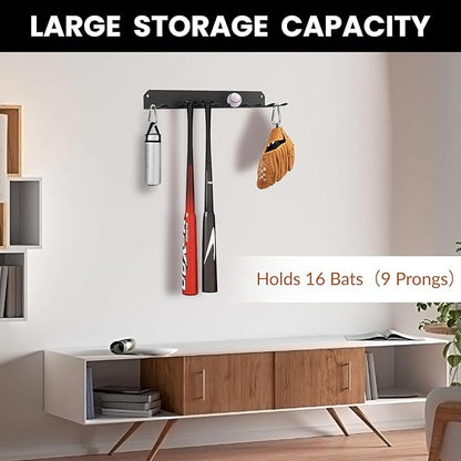 Wall Mount Baseball Bat Rack, Hold 16 Bats, Home Gym Sports Equipment Organizer Hanger, Olympic Barbells Holder, Heavy Duty Hooks for Hangs Bats,Gloves,Hats,Bags,Balls,Row Handles or Tools, 2 Pack