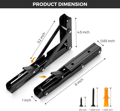 JOY DECOR 8 Inch Heavy Duty Folding Shelf Brackets, 2 Pack (1 Pair) Collapsible Wall Mounted Brackets for Fold Down Table, Stainless Steel Folding Table Hinge, Matte Black