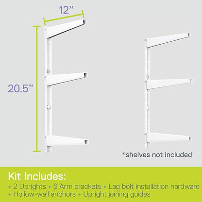 Delta Minimalistic White Shelf Brackets Cycle, Set of 6 Fully Adjustable 12-inch Heavy Duty Shelf Brackets, Holds Up to 480 lbs, Modern Shelf Bracket for Wood Shelves