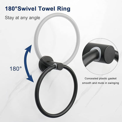 NearMoon Bath Towel Ring, Bathroom Hardware Accessories-Thicken Stainless Steel Hand Towel Holder for Bathroom, Modern Round Towel Hanger Wall Mounted (Matte Black, 2 Pack)