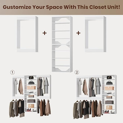 ROOMTEC Modular Closet System, 84" Wall-Mounted Closet Organizer with Hanging Rods and Shelves, Wooden Tower for Walk-In Closets, Wardrobe Storage Kit, White